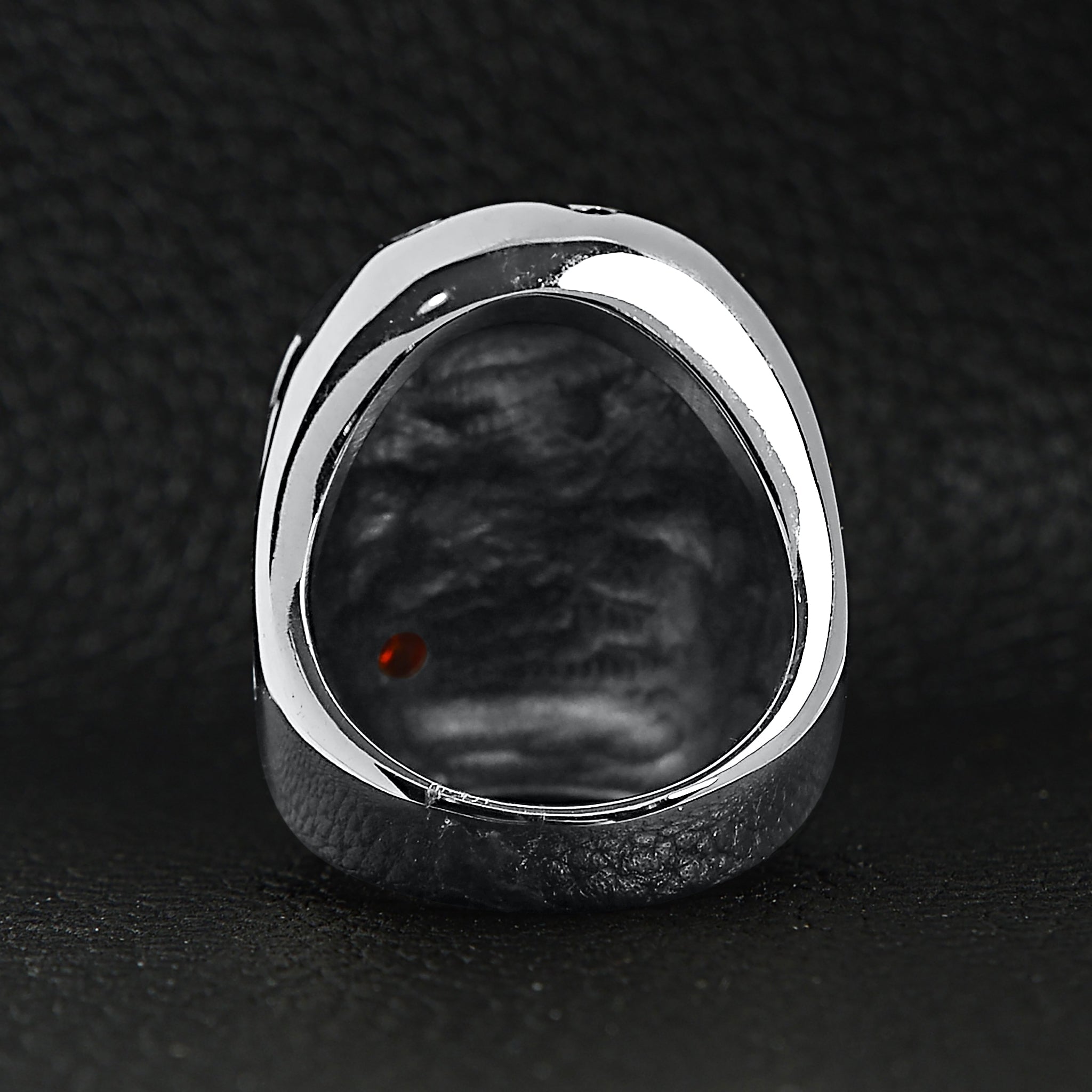 Stainless Steel Large Filigree Skull Biting Red CZ Rose Ring