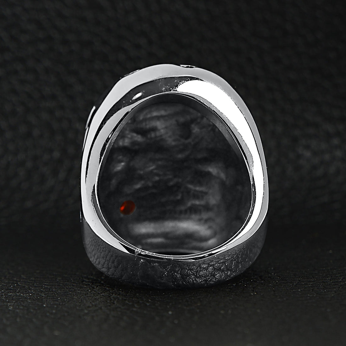 Stainless Steel Large Filigree Skull Biting Red CZ Rose Ring