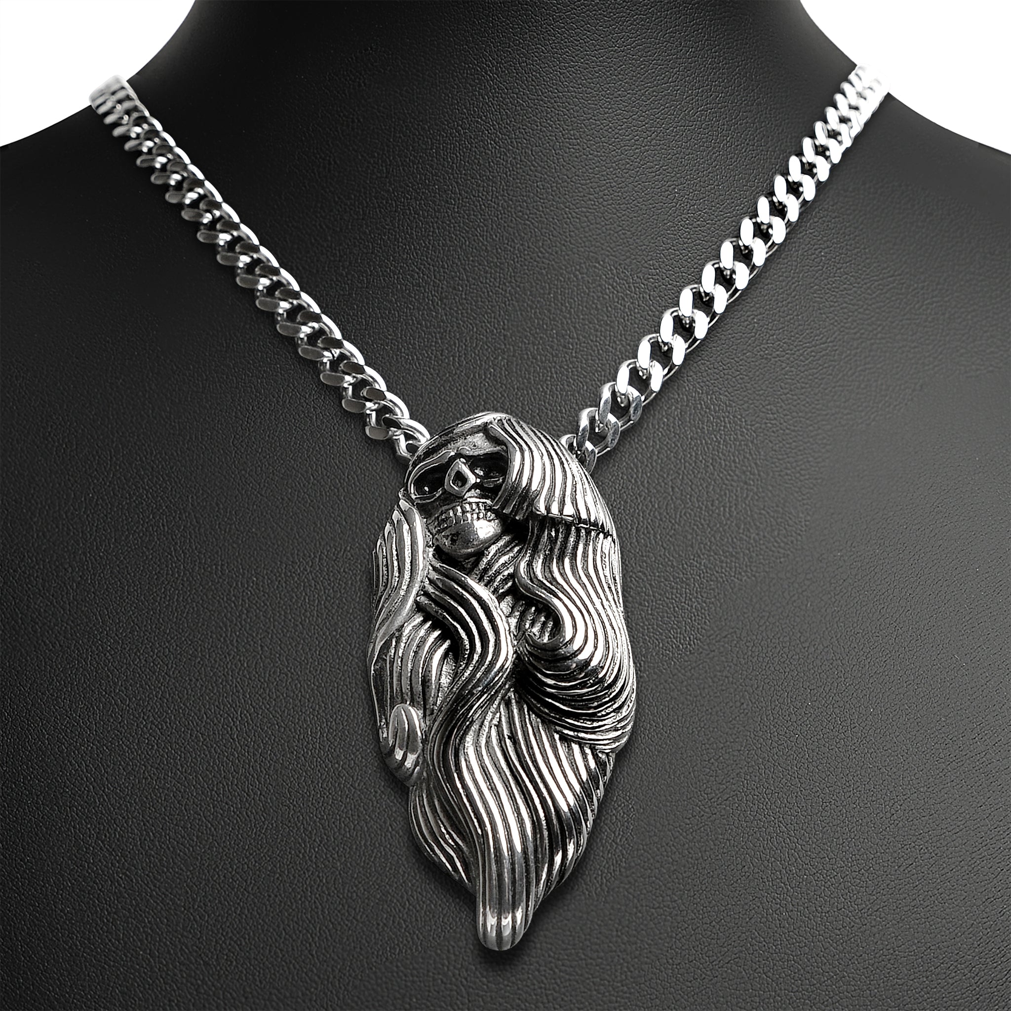 Stainless Steel Large Long Hair Skull Curb Chain Necklace