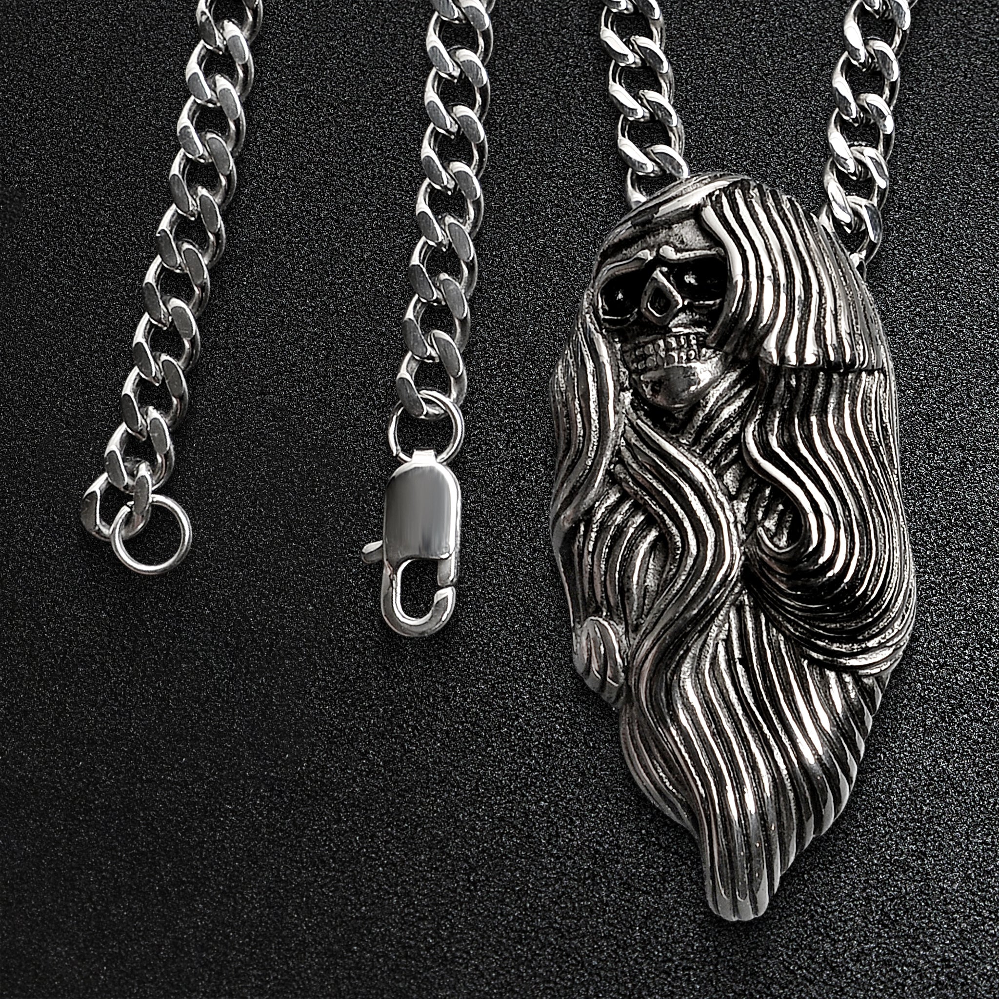 Stainless Steel Large Long Hair Skull Curb Chain Necklace