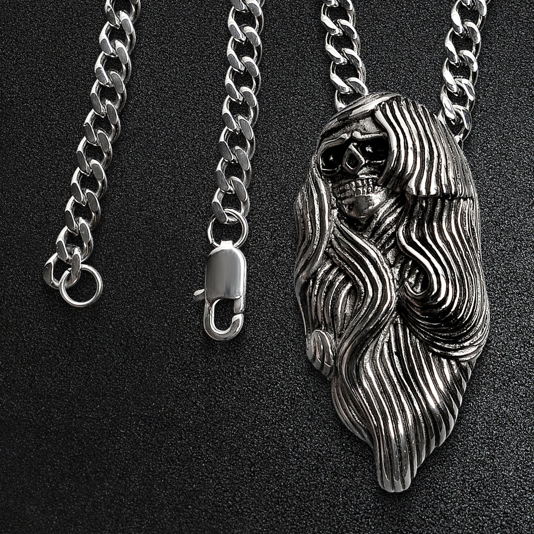 Stainless Steel Large Long Hair Skull Curb Chain Necklace