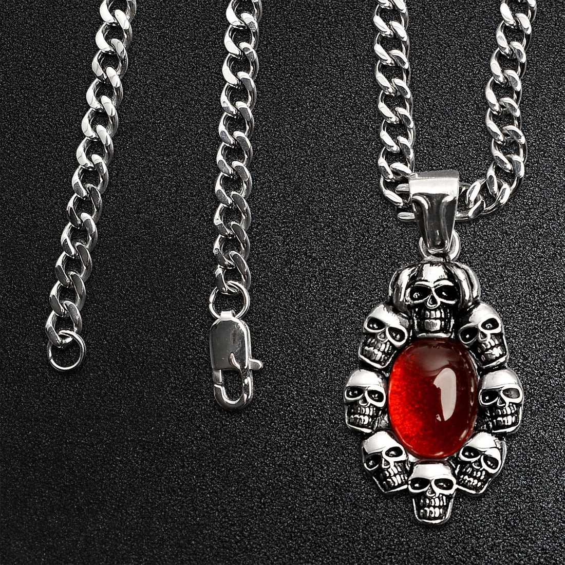 Stainless Steel Skulls With Red Glass Center Curb Chain Necklace