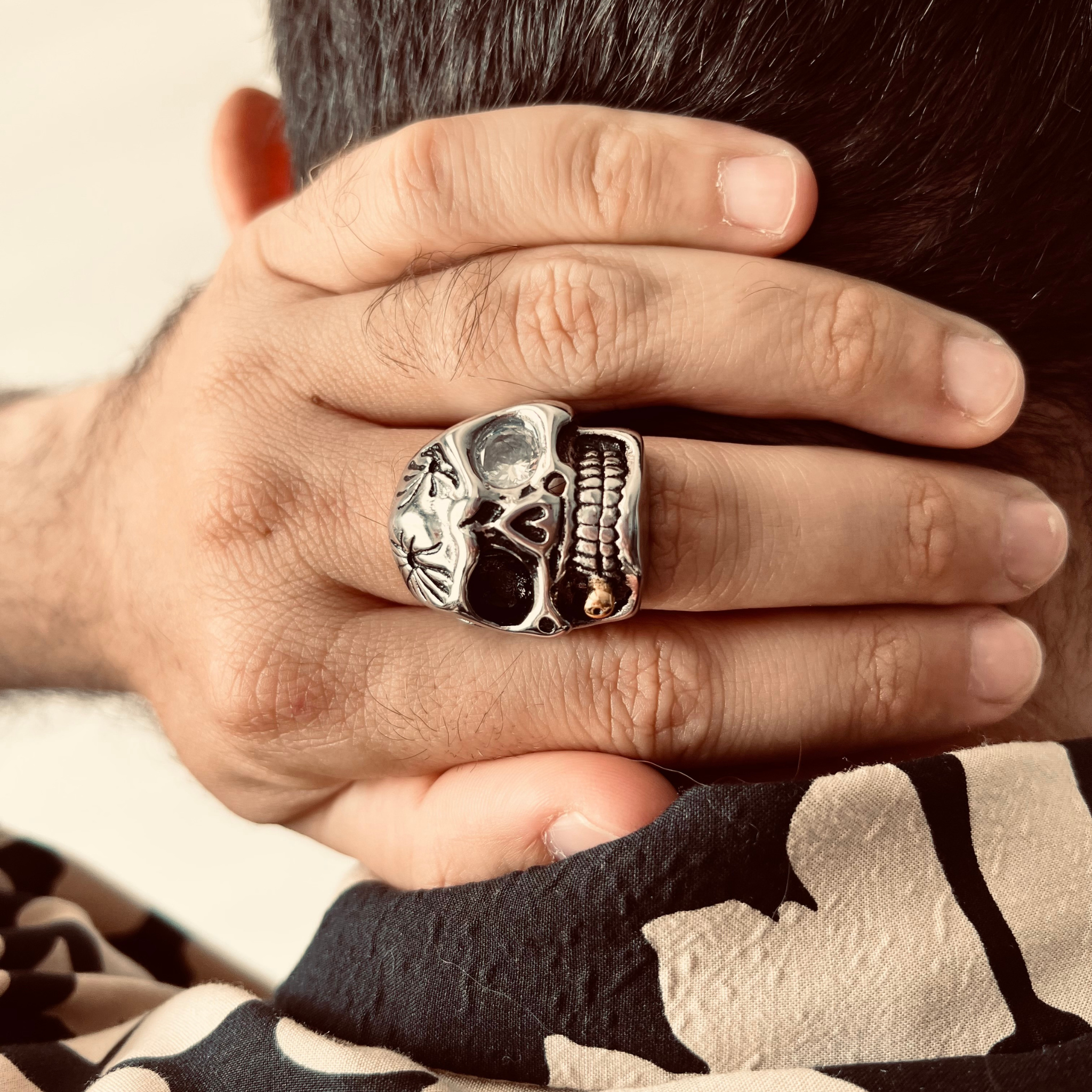 Stainless Steel Skull Smoking 18K Gold PVD Coated Cigar & CZ Eye Ring