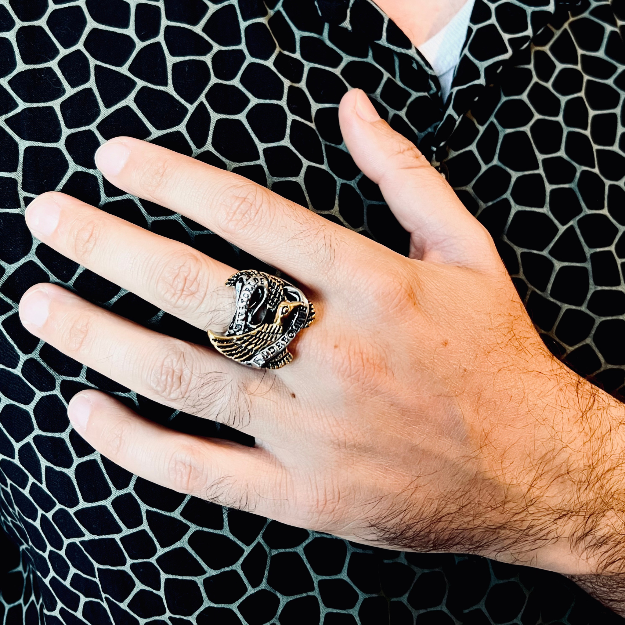 Stainless Steel 18K Gold Plated Live To Ride Eagle Biker Ring