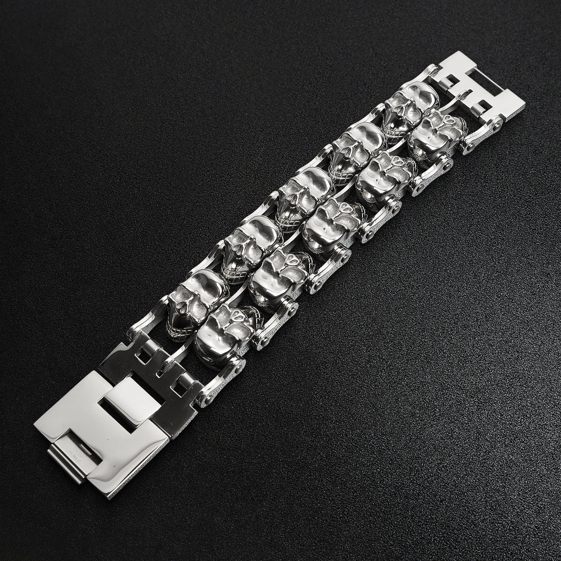 Stainless Steel Double Skulls Alternating Bike Chain Bracelet