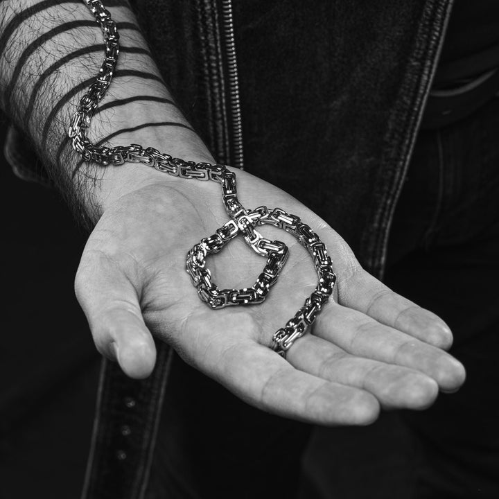 Stainless Steel And Black Byzantine Chain Necklace