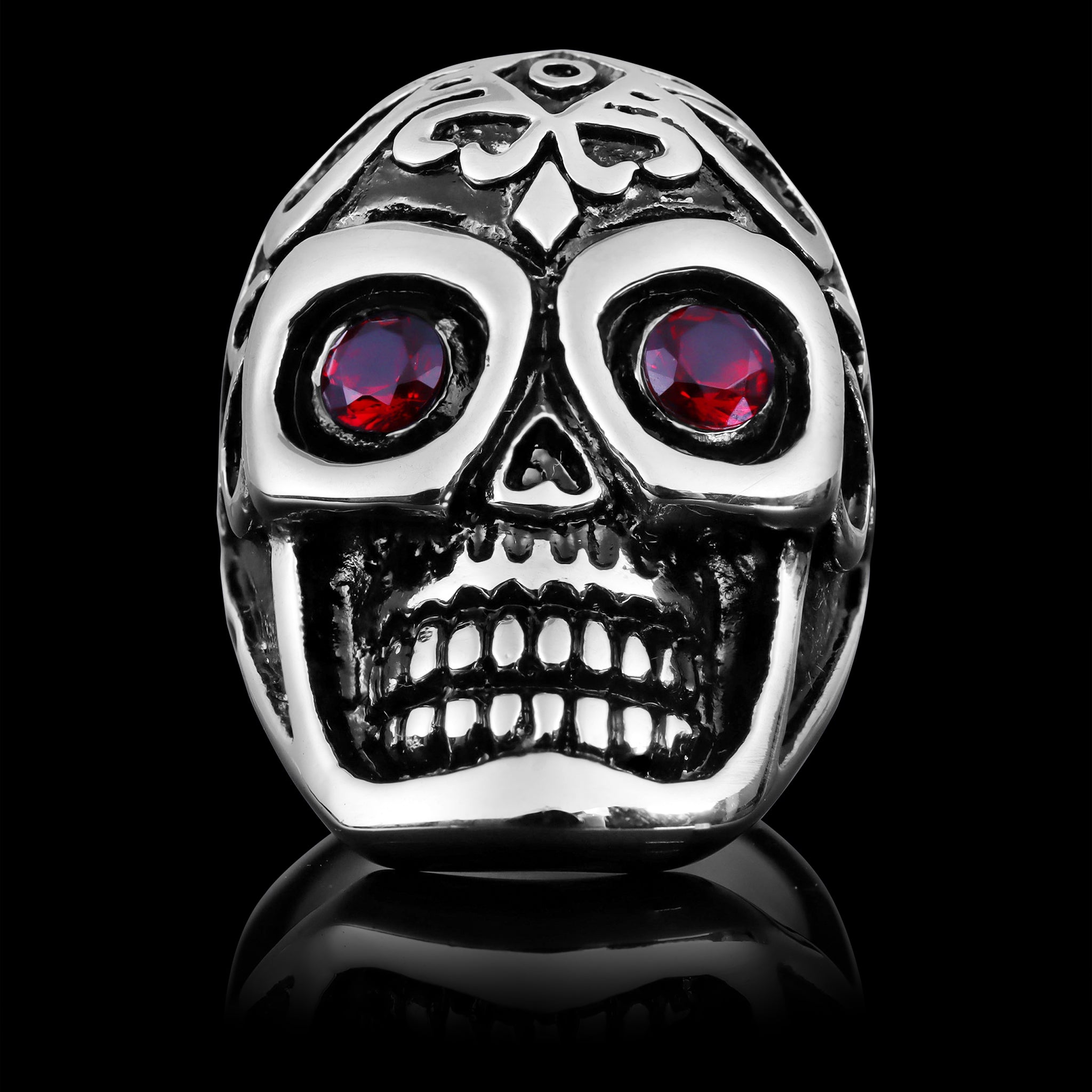 Detailed Skull With Red CZ Eyes Stainless Steel Polished Unisex Ring