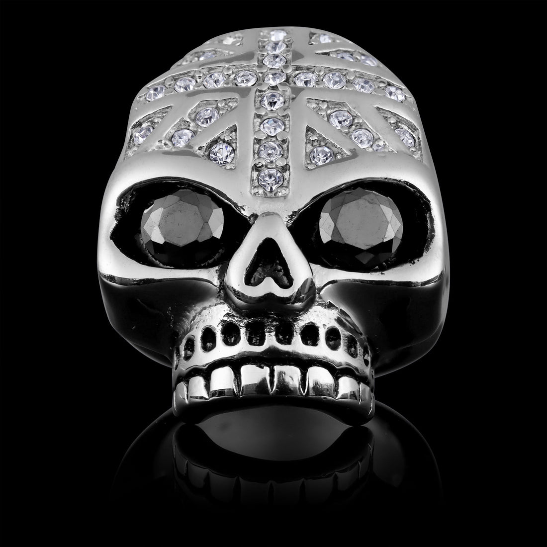 Stainless Steel Black CZ Eyed Skull With Clear CZ UK Flag Ring