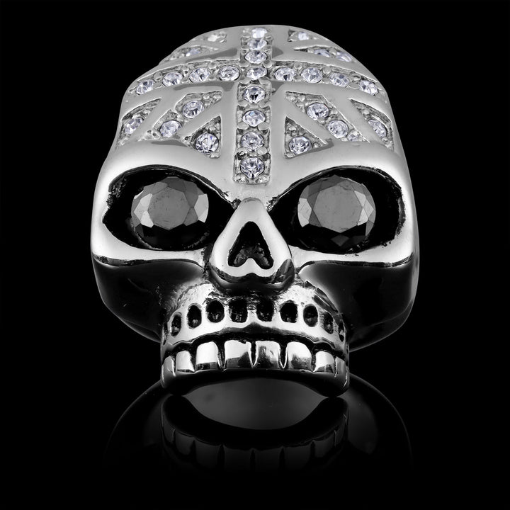 Stainless Steel Black CZ Eyed Skull With Clear CZ UK Flag Ring