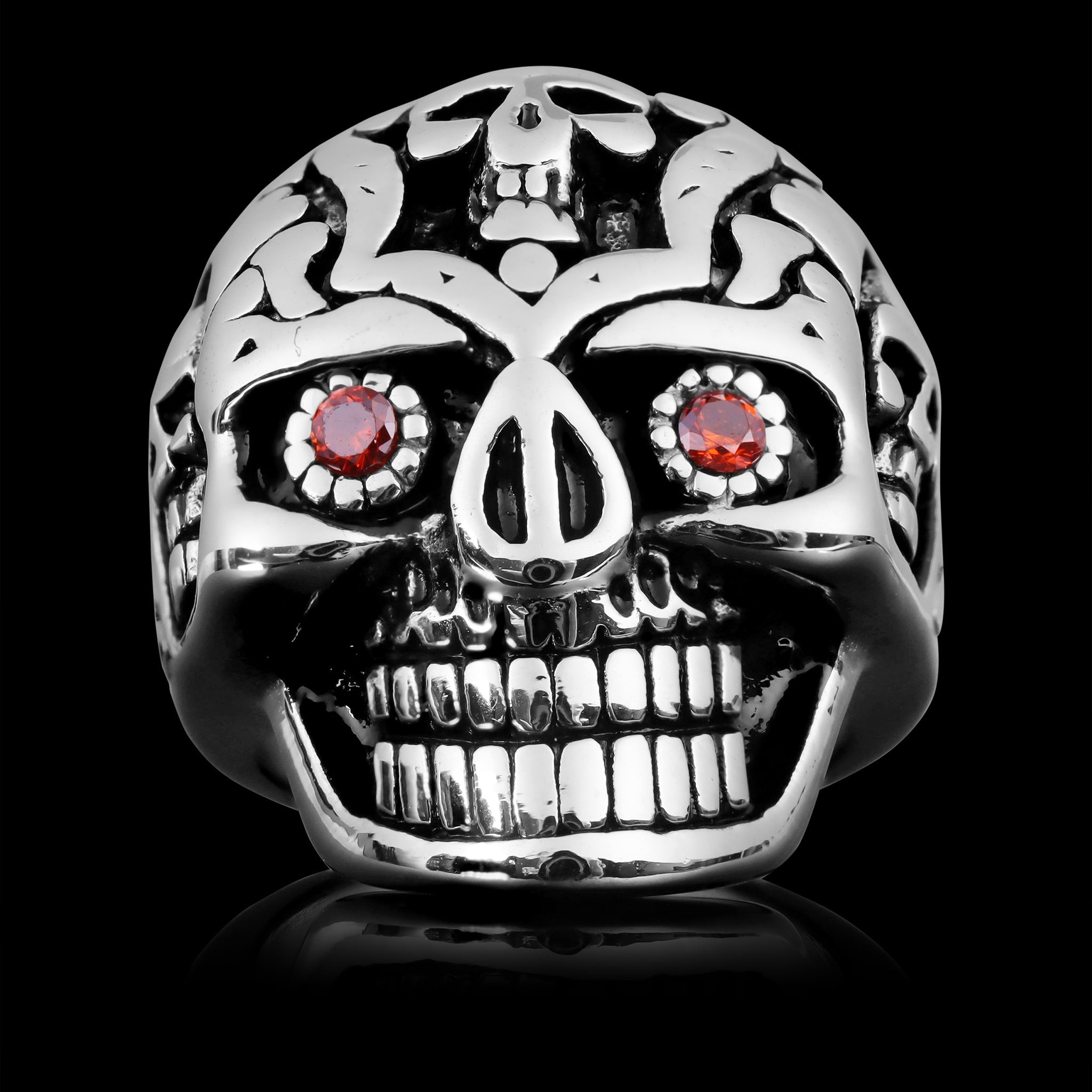 Stainless Steel Red CZ Eyed Sugar Skull Unisex Ring