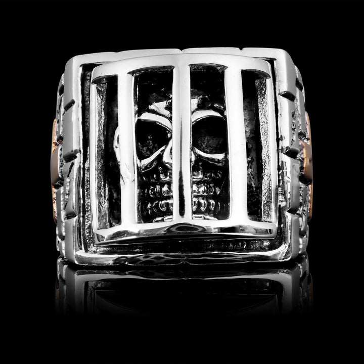 Stainless Steel Medieval Jailed Skull & 18K Gold Plated Cross Ring