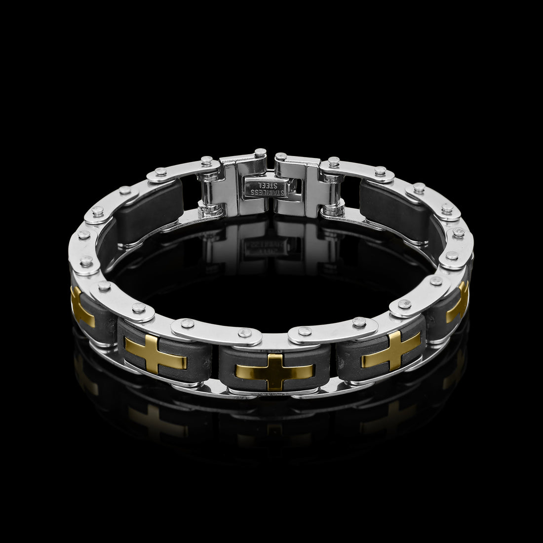 Stainless Steel And Gold Cross Bike Chain Bracelet