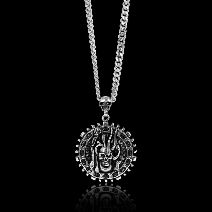 Stainless Steel Large Skull & Snakes Spike Shield Curb Chain Necklace