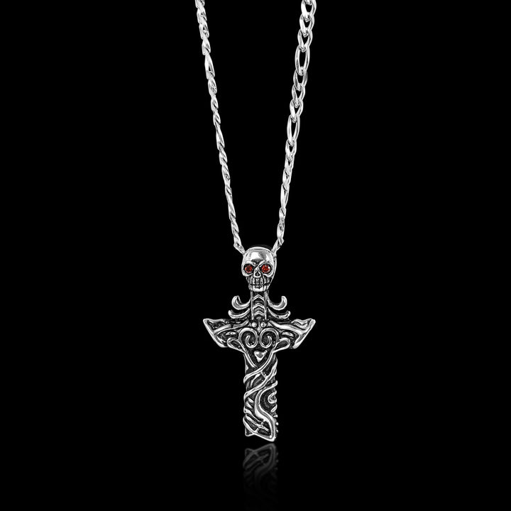 Stainless Steel Red CZ Eyed Skull Cross Figaro Chain Necklace
